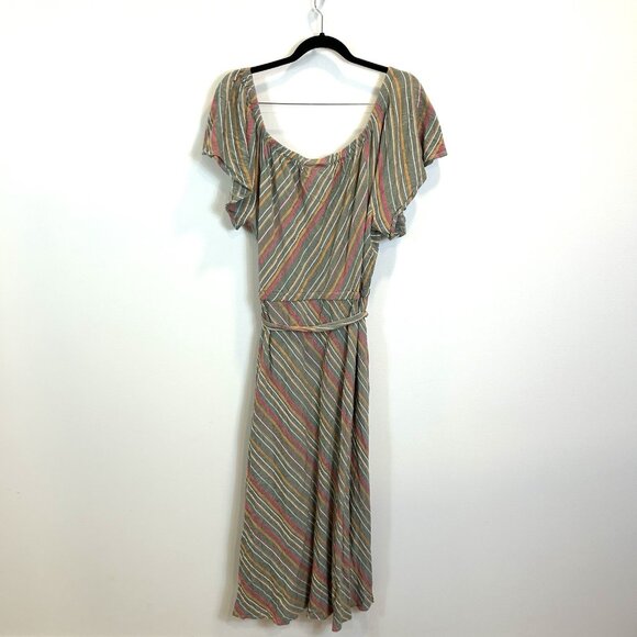 Lane Bryant Green Maxi Multicolor Stripe Shoulder Ruffle Belted Size 22 - Picture 8 of 11